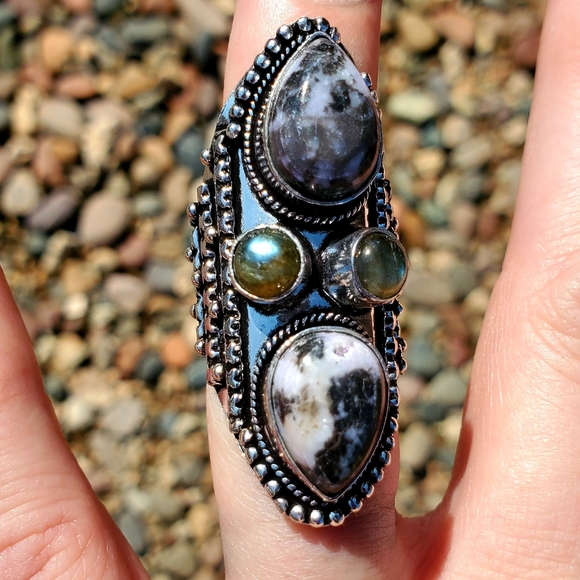 New Zebra Jasper and Labradorite 925 Silver Statement Ring. - Picture 6 of 16